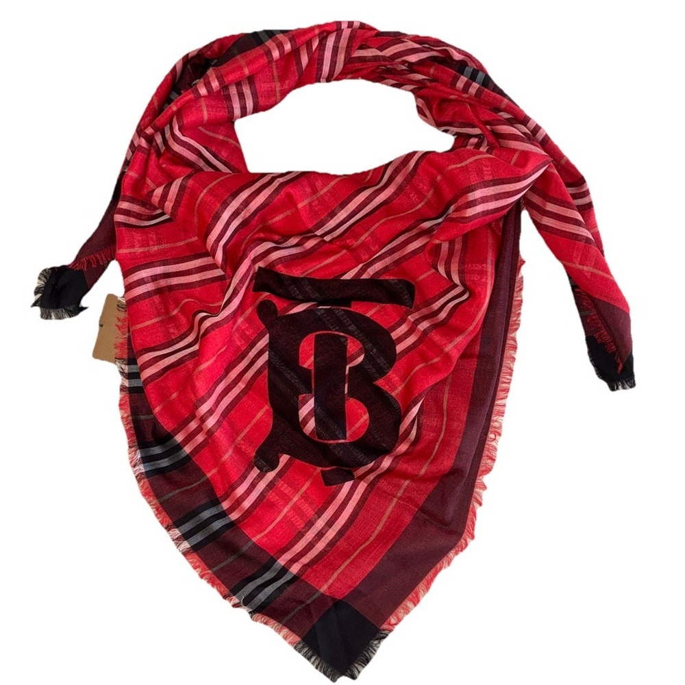 BURBERRY Scarf Bright Red TB Heritage Stripe Wool Silk Italy Square 57x57" NEW